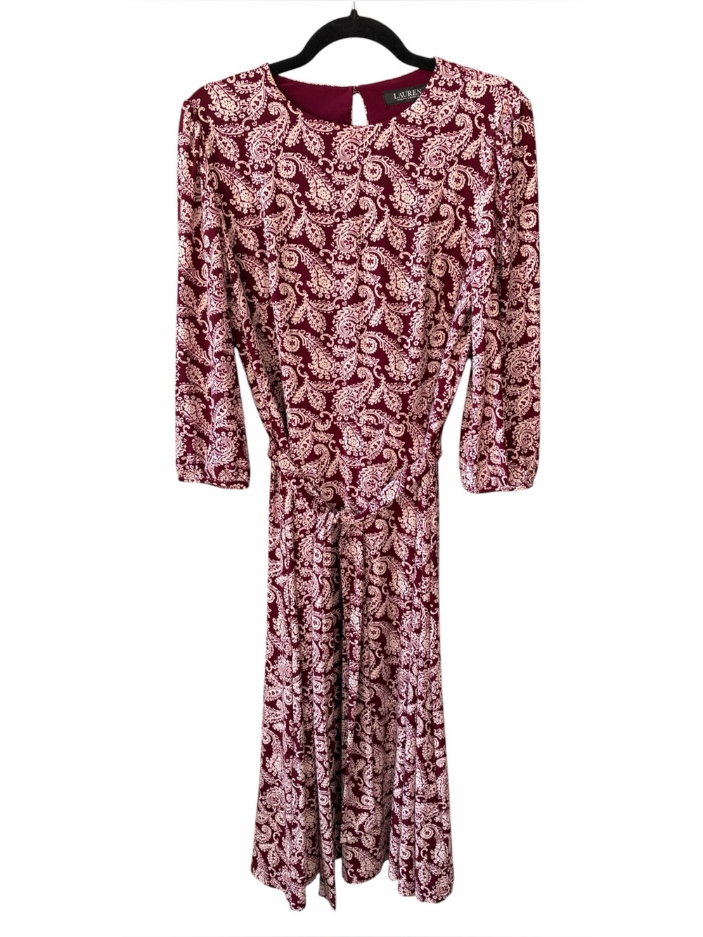 Lauren Ralph Lauren Sz10 Jersey Knit Wine Cream Paisley Long-Sleeve Midi Dres